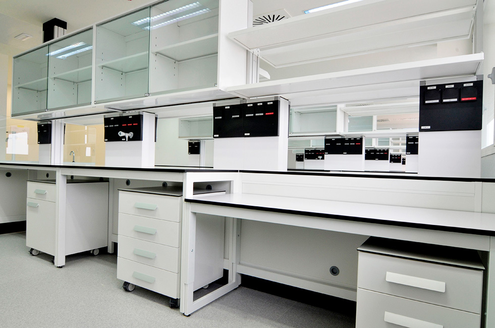 ISCIII Carlos III Health Institute. Benches and service systems between columns of the laboratories of the new National Center for Microbiology (CNM)