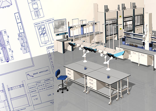 Planos e imagen de un laboratorio en 3D