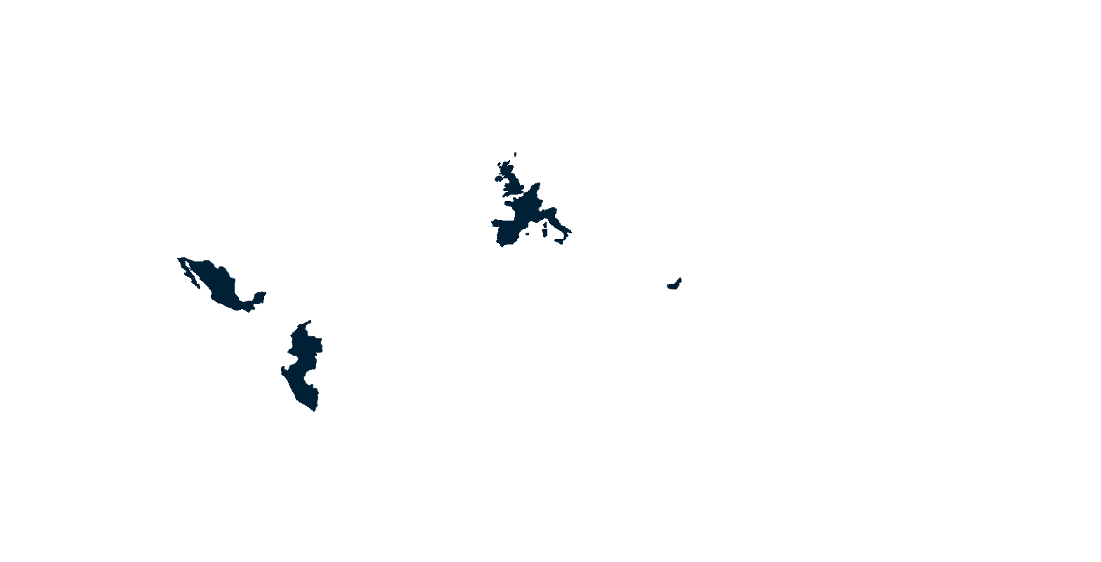 Image de la carte du monde où sont éclairés les pays dans lesquels Burdinola est implantée