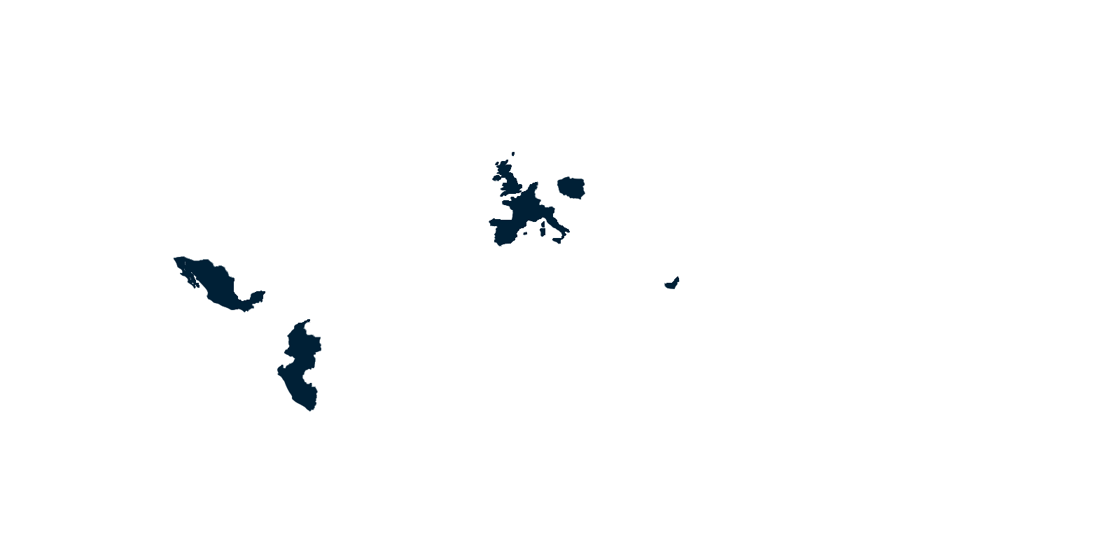 Image de la carte du monde où sont éclairés les pays dans lesquels Burdinola est implantée