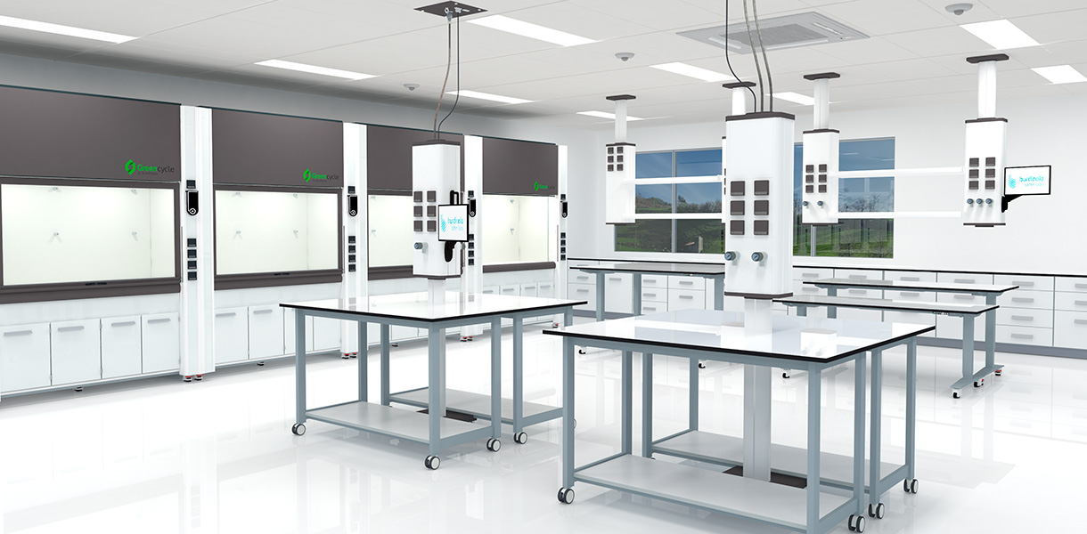 Design de laboratoire par Burdinola avec des colonnes mobiles, des colonnes au plafond et des sorbonnes GreenCycle.