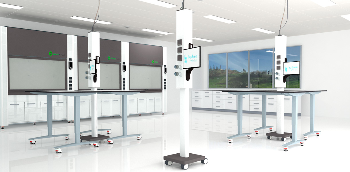 Laboratory designed by Burdinola with movable columns and GreenCycle fume cupboards.
